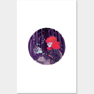 Red haired girl (Maple) with a cute hedgehog (Muffin) in the forest at night Posters and Art